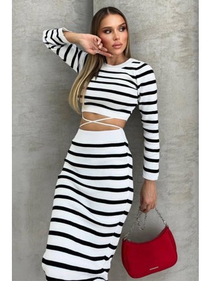 Ded Collection Kadın Bel Bağlamalı Çizgili Kazak Etek Crop Triko Takım
