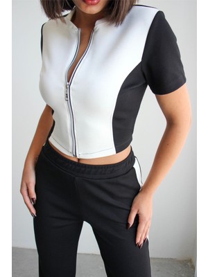 Ded Collection Kadın Hakim Yaka Fermuarlı ve Garnili Crop Üst Alt Modal Takım