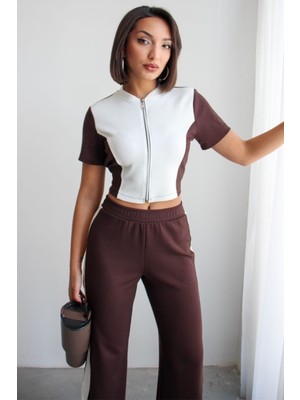 Ded Collection Kadın Hakim Yaka Fermuarlı ve Garnili Crop Üst Alt Modal Takım