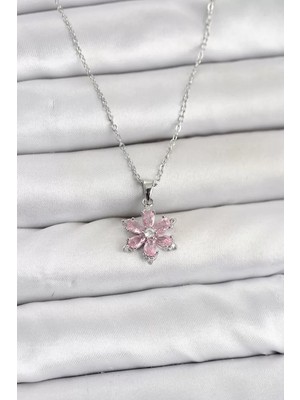 LTG Nova 316L Çelik Zincir Gümüş Renk Pembe Zirkon Taşlı Lotus Model Kadın Kolye TJ-BKO11064