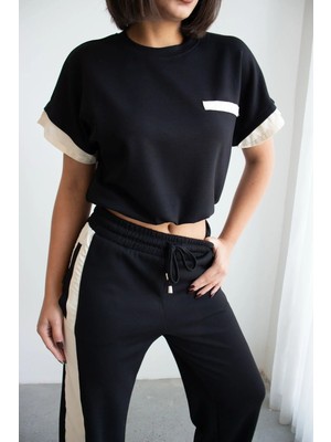 Ded Collection Kadın Paraşüt Kumaş Garnili Detaylı Crop Üst ve Yüksek Bel Bol Paça Eşofman Takımı