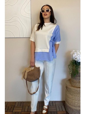 Ded Collection Kadın Bağlamalı Gömlek Detaylı Kısa Kollu Üst ve Havuç Pantolon Ikili Modal Takım