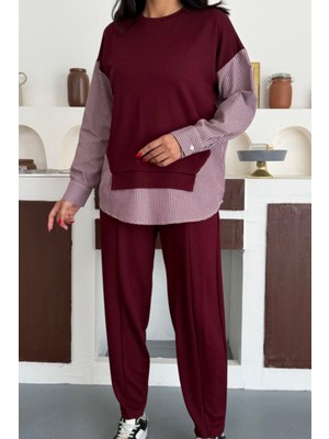 Ded Collection Kadın Çizgili Uzun Kollu Gömlek Detaylı Yuvarlak Yaka Sweatshirt Modal Takım