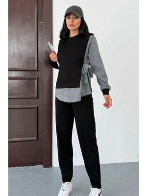 Ded Collection Kadın Yandan Bağlamalı Çizgili Uzun Kol Gömlek Detaylı Spor Şık Modal Takım