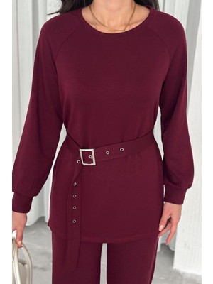Ded Collection Kadın Modal Kumaş Kemer Detaylı Uzun Kollu Tunik Bol Paça Pantolon Takım