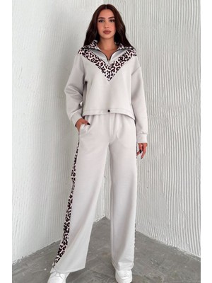 Ded Collection Kadın Scuba Kumaş Leopar Desen Şeritli Önü Yarım Fermuarlı Sweatshirt Bol Paça Eşofman Takım