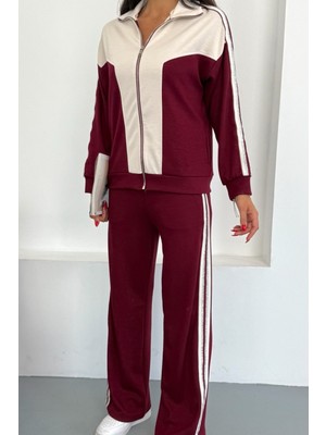 Ded Collection Kadın Simli Şerit Detaylı Yakalı Fermuarlı Geniş Paça Ikili Modal Takım