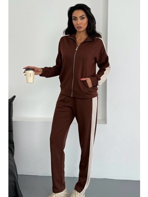 Ded Collection Kadın Yakalı Şerit Detaylı Fermuarlı Rahat Modal Eşofman Takım