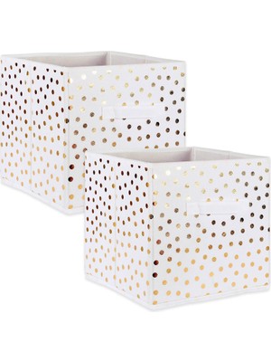 Gndz Store Dıı Dokumasız Saklama Koleksiyonu Puantiyeli Katlanabilir Çöp Kovası Büyük Set, 13X13X13 Küp, Beyaz ve Altın, 2 Parça