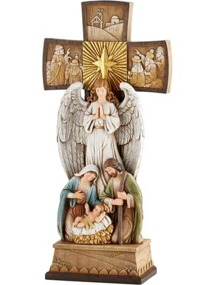 Gndz Store Ayakta Duran Haç Melek ve Kutsal Aile Reçine Heykelcik, 35 cm