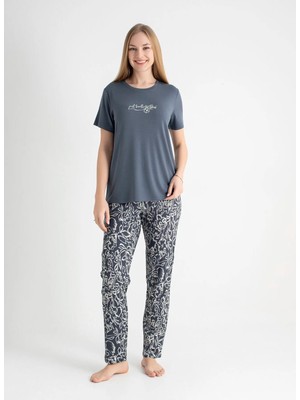 Wondergen Lacivert Kadın Yuvarlak Yaka Standart Pijama Üst 401WON-1110-186