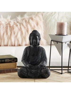Gndz Store Büyük Beyaz Yıkanmış Siyah Kil Buda Heykeli Masa Dekoru, 8" x 12"