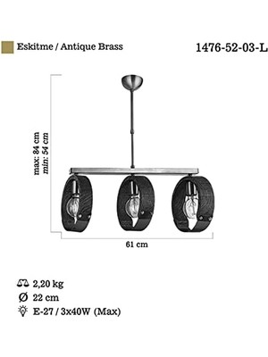 Gndz Store Maya Üçlü Sıralı Ahşaplı Antik Avize 3 x E27