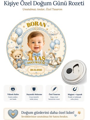 Sonreyon Kişiye Özel Bebek Doğum Günü Açacaklı Magnet 58 mm Büyük Boy Hatıra Rozeti