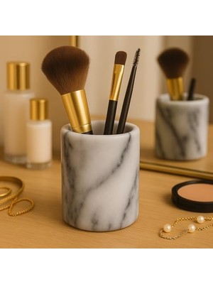 Gndz Store Lüks El Oyması Doğal Mermer Diş Fırçası ve Makyaj Fırçası Tutacağı - Banyo, Vanity, Ofis ve Masa Organizatörü Için Ağır Hizmet Tayvan Yushan Taşı (8,4 cm x 11,5 Cm, Off-Beyaz)