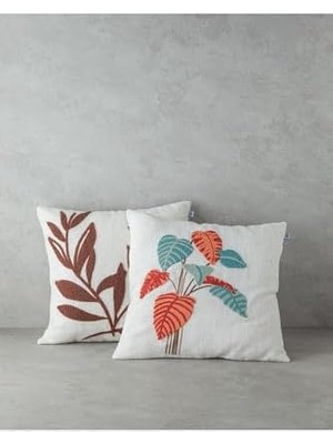 Gndz Store Foglie Nakışlı Kırlent Kılıfı 45X45 cm Ekru