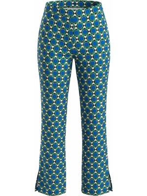 On Fashion Kadın Renkli Geometrik Desenli Ispanyol Paça Pantolon - Yeşil