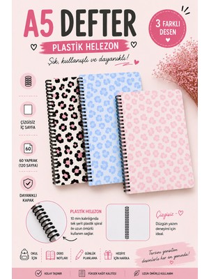 Zumio A5 Plastik Spiralli Defter | Çiçek Desenli ve Leopar Desenli | Günlük ve Ders Notları Için 50 Yaprak
