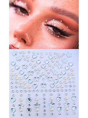 Odea Taş Sticker Yapışkanlı Saç, Yüz, Tırnak, Makyaj Nane Süs Taşı Işıltılı Parlak Beyaz Inci, Yıldız, Kalpli Model,