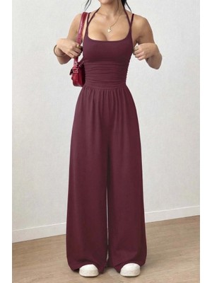 Defy Moda Kadın Askılı Yuvarlak Yaka Uzun Viskon Tulum