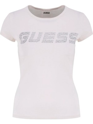 Guess Ekru Kadın Slim Fit Taşlı T-Shirt V5GI20J1314-G6K5