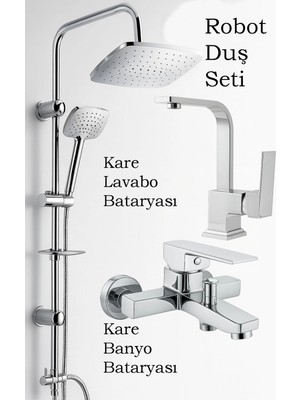 Kustar 3’lü Banyo Seti | Robot Duş Seti + Kare Lavabo Bataryası + Kare Banyo Bataryası | %100 Pirinç