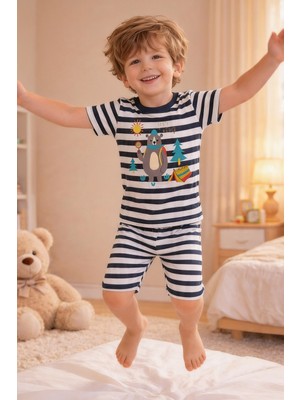 Koza İç Giyim Erkek Çocuk Pamuklu Çizgili Baskılı Kısa Kollu Şortlu Pijama Takımı