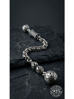 Roza Silver Koleksiyonluk 925 Ayar Gümüş Otantik Işleme Arnavut Zincir Damla Tesbih Püskül Ucu 8cm