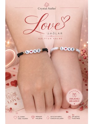 Crystal Atelier Love Kalpli Makrome Ip Çift Bileklik Seti Siyah Beyaz Sevgili Bilekliği Unisex Ayarlanabilir
