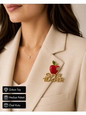 Herşey Nota Öğretmenlere Özel Elmalı “super Teacher” Kristal Taşlı Broş Rozet