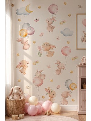 Msticker Sevimli Tavşanlar Duvar Sticker Seti 64 Parça | Çocuk Odası, Bebek Odası Dekorasyonu