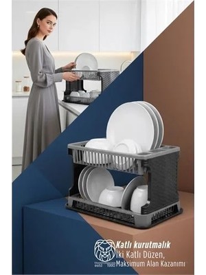 Svoria Store 2 Katlı Rattan Dokulu Lüks Bulaşıklık - Kirli Beyaz & Siyah Modern Düzenleyici