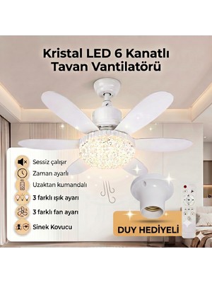 Zinnuren Sessiz Çalışma Kristal LED Lambalı Tavan Vantilatörü 6 Kanatlı Uzaktan Kumandalı Sinek Kovucu Avize 52CM Çap 30W E27 Duy