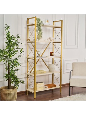 Rani Home Kitaplık Traverten Raflı Gold Metal Ayaklı 5 Raflı HC-5263