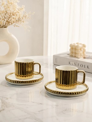 Yzhome 2 Kişilik Porselen Çizgili Modern Kahve Fincanı Takımı Seti 100ML