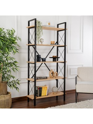Rani Home Kitaplık Meşe Siyah Metal Ayaklı 5 Raflı HC-5261