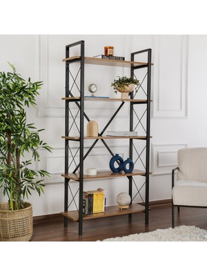 Rani Home Kitaplık Venedik Cevizi Raflı Siyah Metal Ayaklı 5 Raflı HC-5264