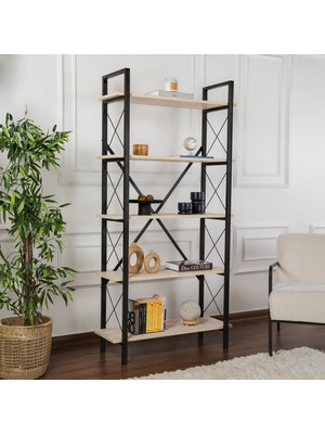 Rani Home Kitaplık Traverten Raflı Siyah Metal Ayaklı 5 Raflı HC-5262