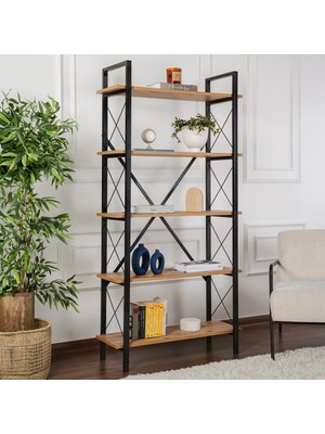 Rani Home Kitaplık Atlantik Çam Raflı Siyah Metal Ayaklı 5 Raflı HC-5260