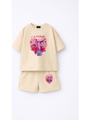 Fasardi Kpop Demon Hunters Huntrix Zoey Rumi Mira Baskılı Oversize %100 Pamuk Tişört Şort Çocuk Takım