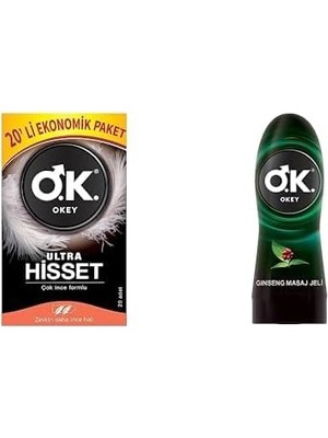 YF Tekstil Ambalaj Ultra Hisset Çok Ince Formlu Ekonomik Paket Prezervatif (1 x 20 Adet) + Okey Ginseng Kayganlaştırıcı ve Masaj Jeli (1 x 200 Ml)