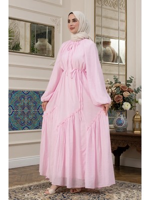 Sevitli Eteği Büzgü Detaylı Mira Tesettür Elbise-Pembe