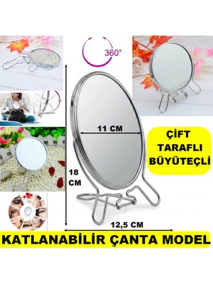 Mrt Bilişim Çift Taraflı Büyüteçli Ayna, 11 cm Makyaj Aynası, Metal Çerçeve ve Ayaklı Masa Üstü Makyaj Aynası Gümüş 3x Büyüteç