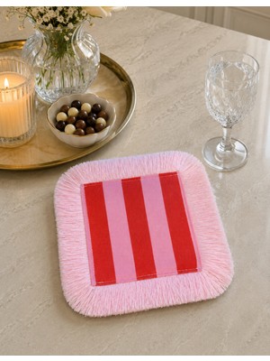 Karam Home Pembe Kırmızı Çizgili Püsküllü Kahve Sunum Peçetesi 15X15 cm