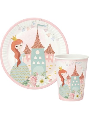 Le Mabelle Pembe Prenses ve Şato Temalı 8'li Tabak Bardak Set