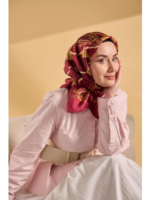 Silk Home Twill Ipek Eşarp 11530 -12 Bordo-Gold Kemer Desen