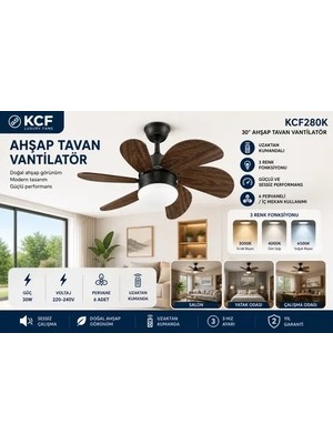 Vanti KFC280 6 Kanatlı Uzaktan Kumandalı Ahşap Tavan Vantilatörü 60W Avizeli Modern Tasarım ile Salon ve Yatak Odası İçin