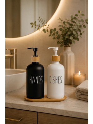 Yzhome 2’li Beyaz Mutfak Sıvı Sabunluk Seti 500ML+500ML Bambu Tepsili