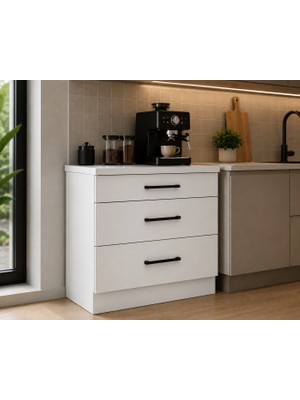 T Designo Şah Mutfak 3 Çekmeceli Alt Modül 80 cm - Çok Amaçlı Dolap - Beyaz Laminat Tezgah Dahil