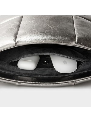 YF Tekstil Ambalaj Comfyable Dizüstü Bilgisayar Kılıfı 13 Inç 14 Inç, Kadınlar Için Puffer Laptop Taşıma Çantası, MacBook Air M3 2024 M2 M1 ile Uyumlu Yastık Kılıfı, MacBook Pro 13'ü 14 Inç, Pu Deri Kapak, Gümüş